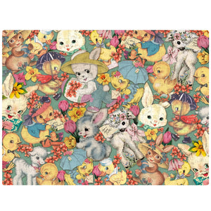 A completed retro easter puzzle with colorful cartoon bunnies chicks and lambs in pastel hues on a soft green background