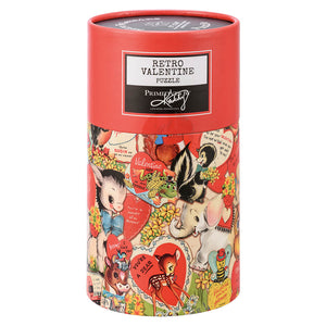 Cylindrical puzzle container decorated with vintage Valentine’s Day artwork featuring cute animals and hearts.