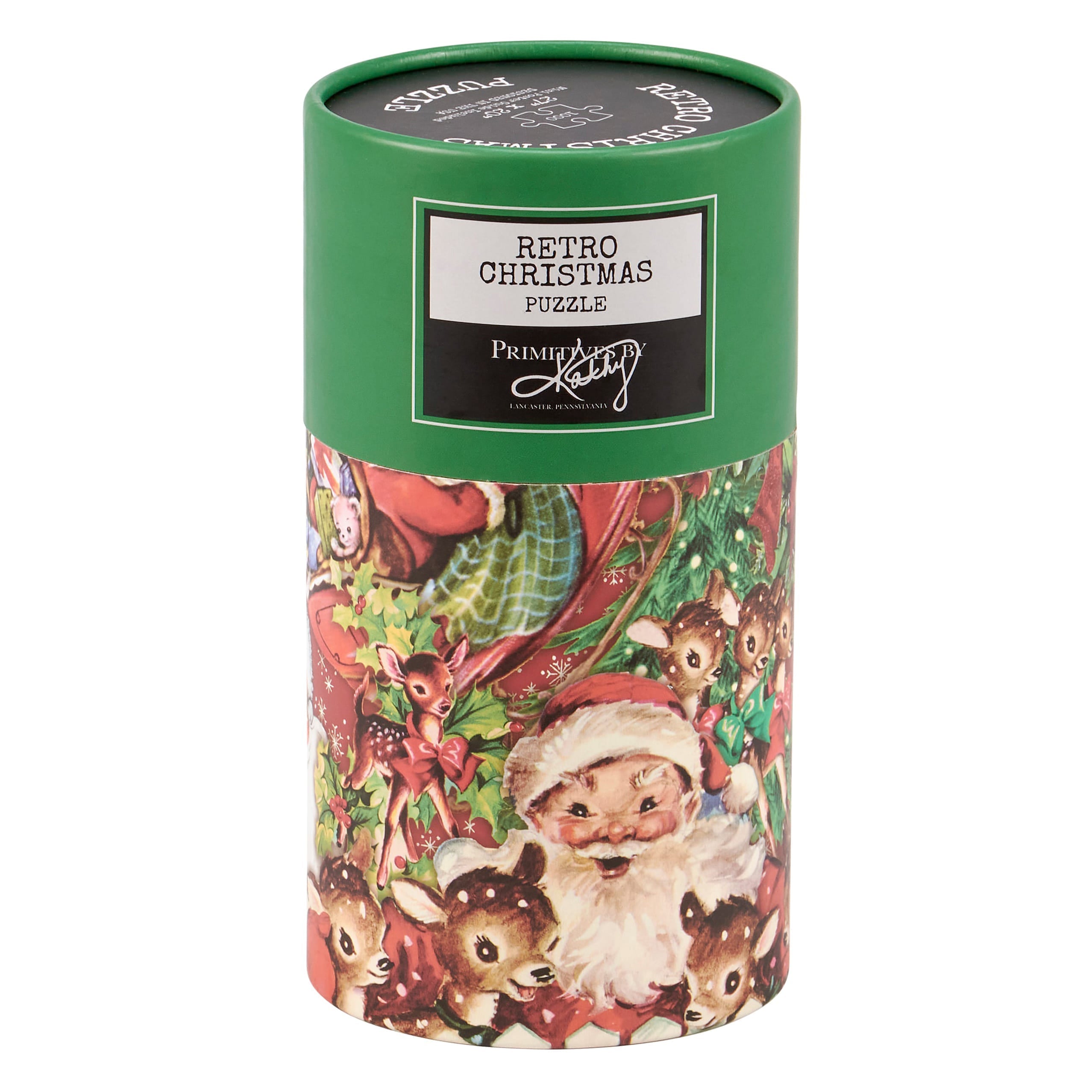 Retro christmas puzzle in green cylindrical box with vintage christmas santa and deer illustration on cover
