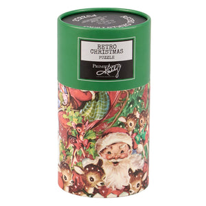Retro christmas puzzle in green cylindrical box with vintage christmas santa and deer illustration on cover