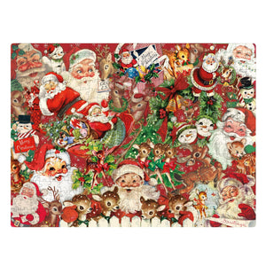 A completed vintage christmas jigsaw puzzle with smiling santas reindeer and snowmen in a red and white retro christmas design