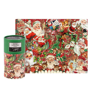 Retro christmas puzzle with a vibrant vintage christmas illustration of santa and reindeer in reds greens and whites