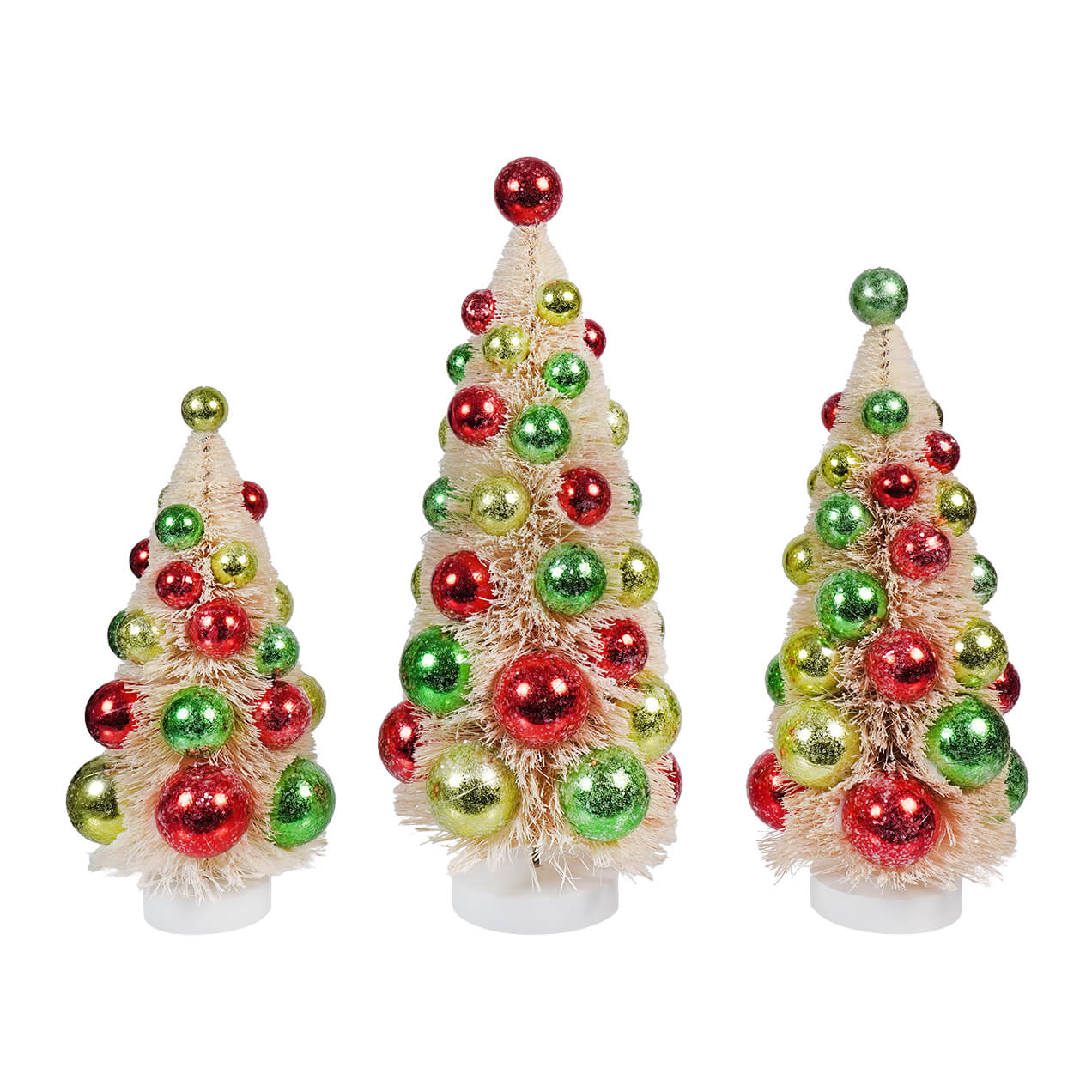 Set of three decorative Christmas trees made from colorful glass ornaments.