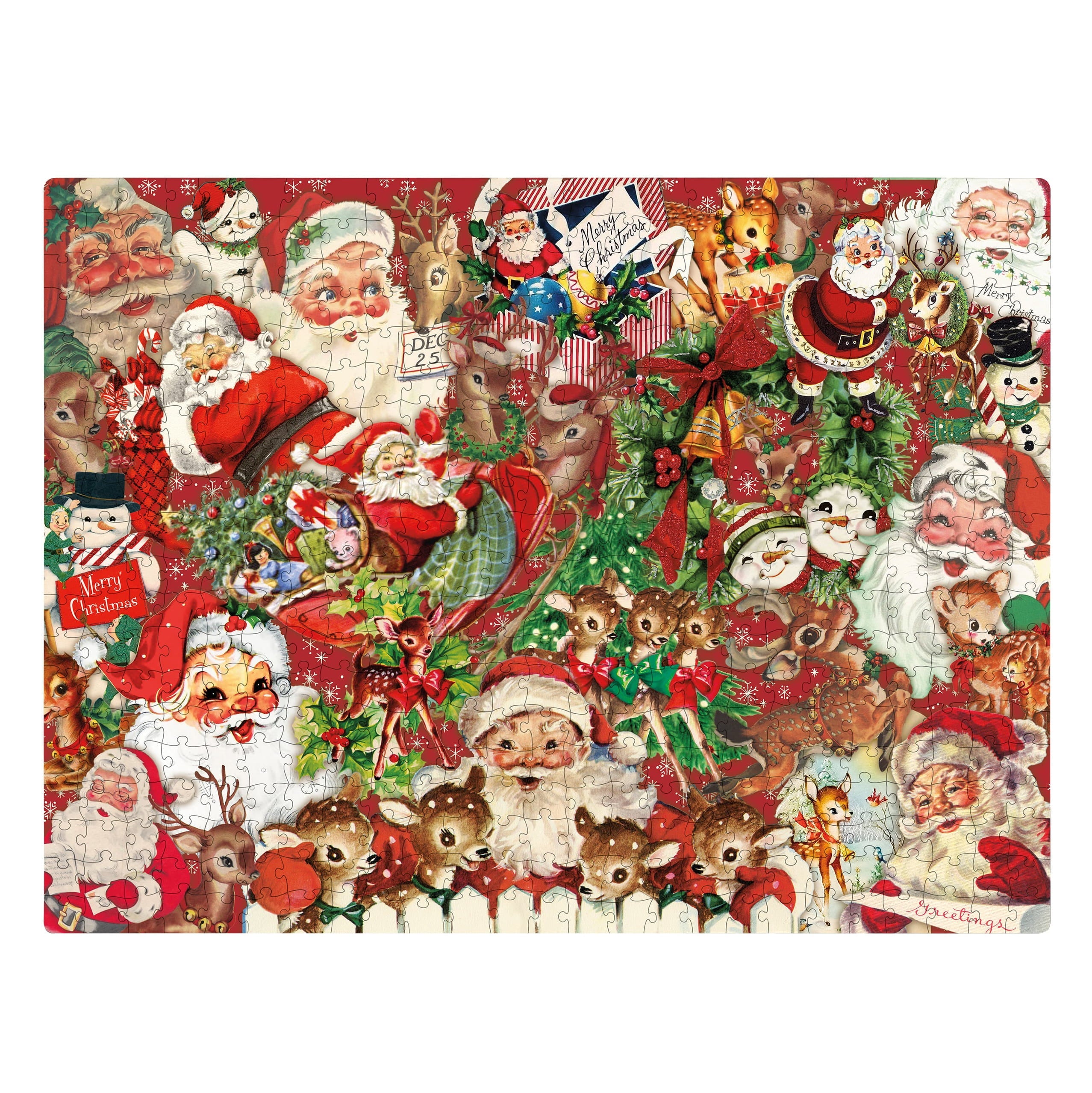 A completed vintage christmas jigsaw puzzle with smiling santas reindeer and snowmen in a red and white retro christmas design
