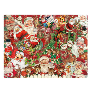 A completed vintage christmas jigsaw puzzle with smiling santas reindeer and snowmen in a red and white retro christmas design