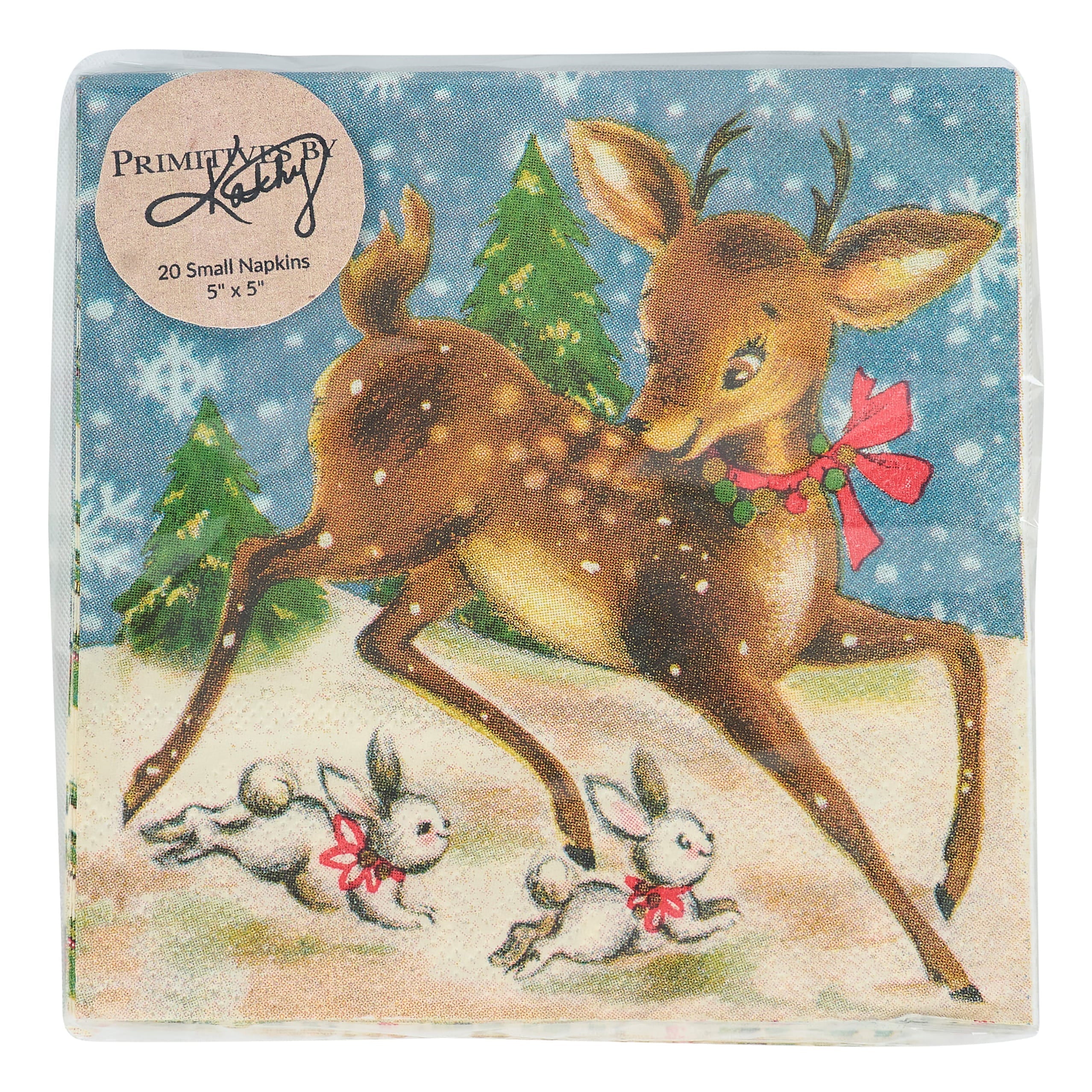 A set of 20 retro deer beverage napkins featuring a vintage brown deer with antlers and white bunnies on blue background