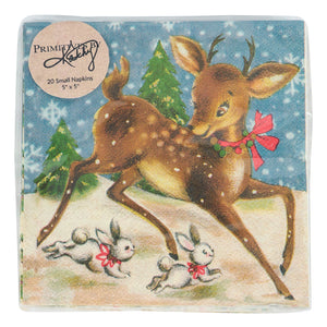 A set of 20 retro deer beverage napkins featuring a vintage brown deer with antlers and white bunnies on blue background