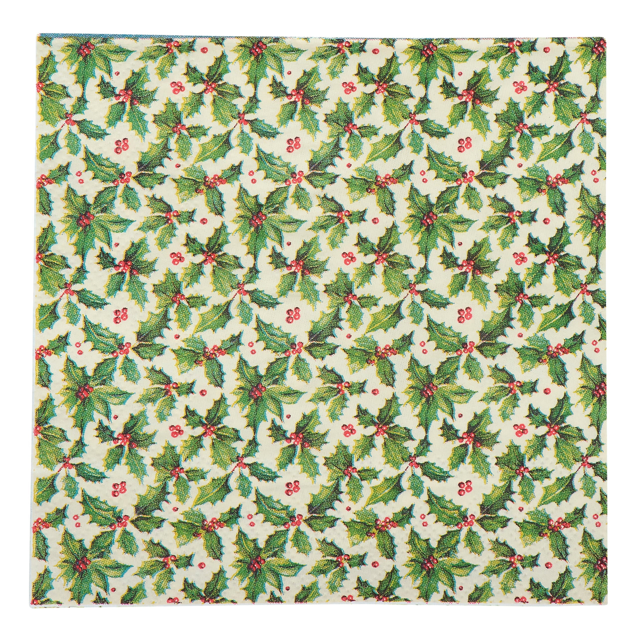 Retro deer beverage napkin with green holly leaves and red berries on off-white background for festive use