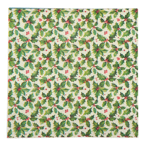 Retro deer beverage napkin with green holly leaves and red berries on off-white background for festive use