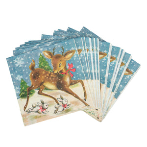 A stack of blue retro deer beverage napkins with a brown deer and two white rabbits wearing red bows