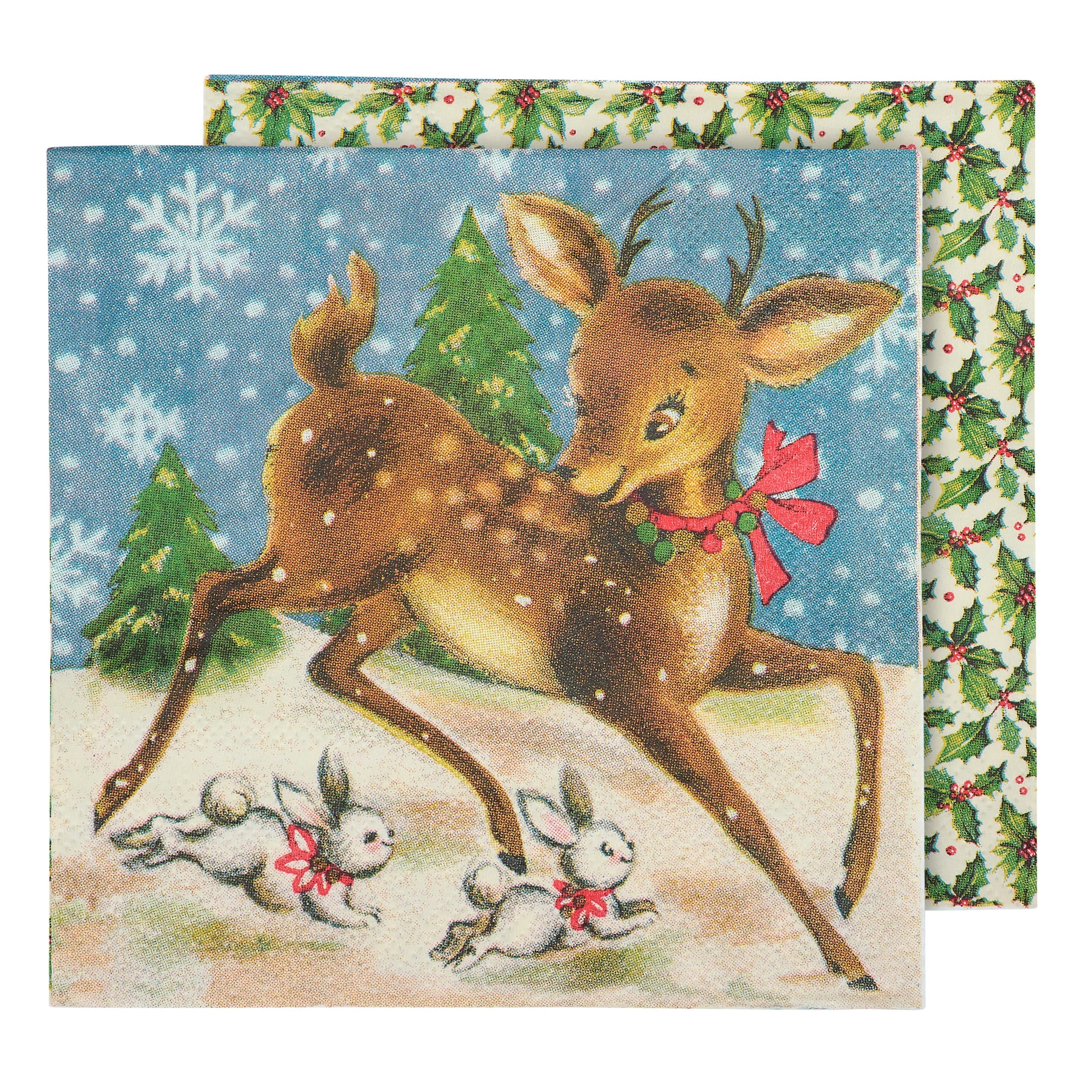 Retro deer beverage napkin with brown deer and white bunnies in red bows running through snowy pine trees