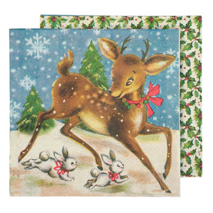 Retro deer beverage napkin with brown deer and white bunnies in red bows running through snowy pine trees