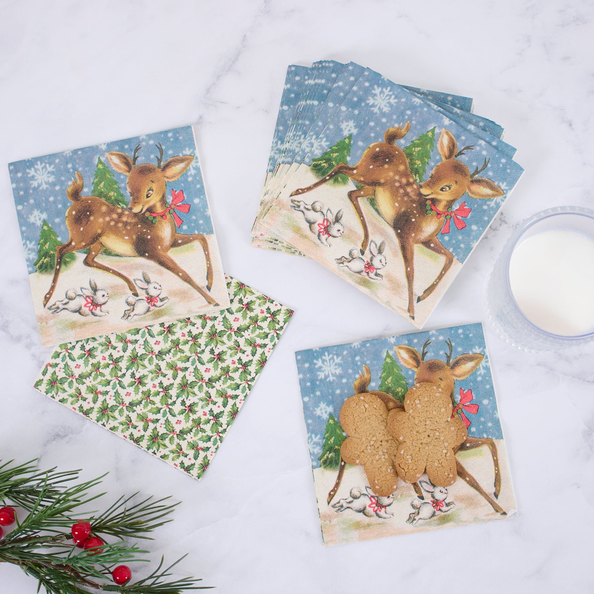 Retro deer beverage napkin with vintage style illustrated deer rabbits and snowflakes perfect for christmas parties