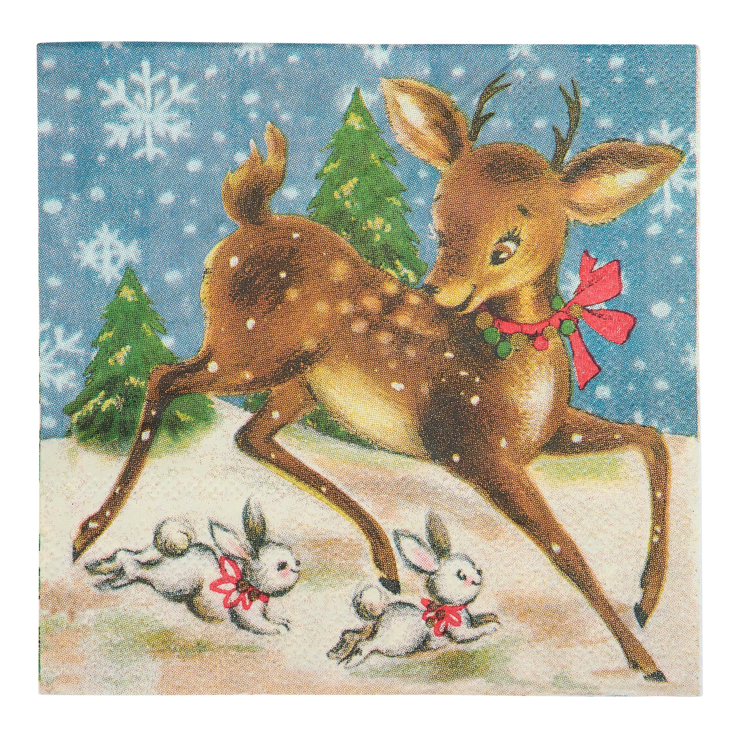 A retro deer beverage napkin with a brown deer and rabbits wearing red bows on a blue snowy pine background