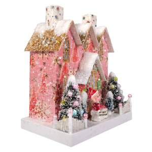 Retro elf adobe pink glittery christmas village figurine with snow roofs trees santa figure by cody foster with light cord