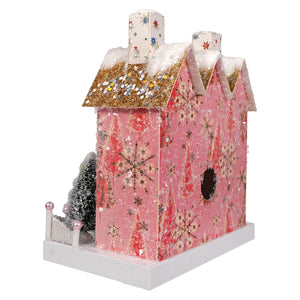 Pink retro elf adobe birdhouse by cody foster with glittery gold roof snowflake sides and light cord detail