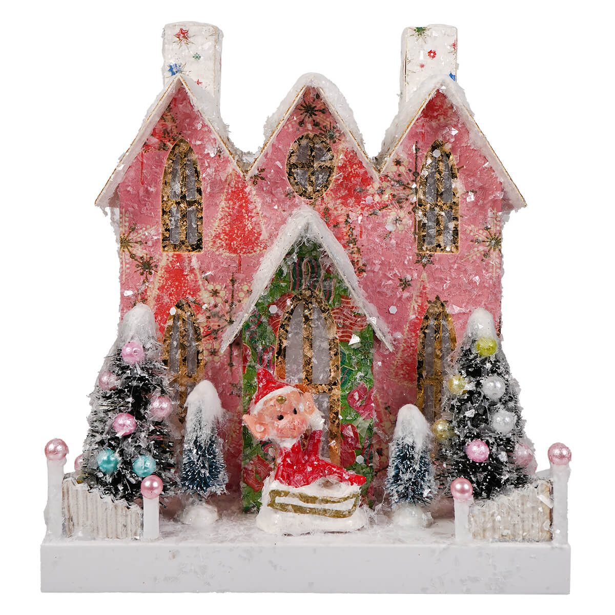 Pink glittery retro elf adobe christmas village house figurine with gold foil windows and snow dusted roofs by cody foster with light cord