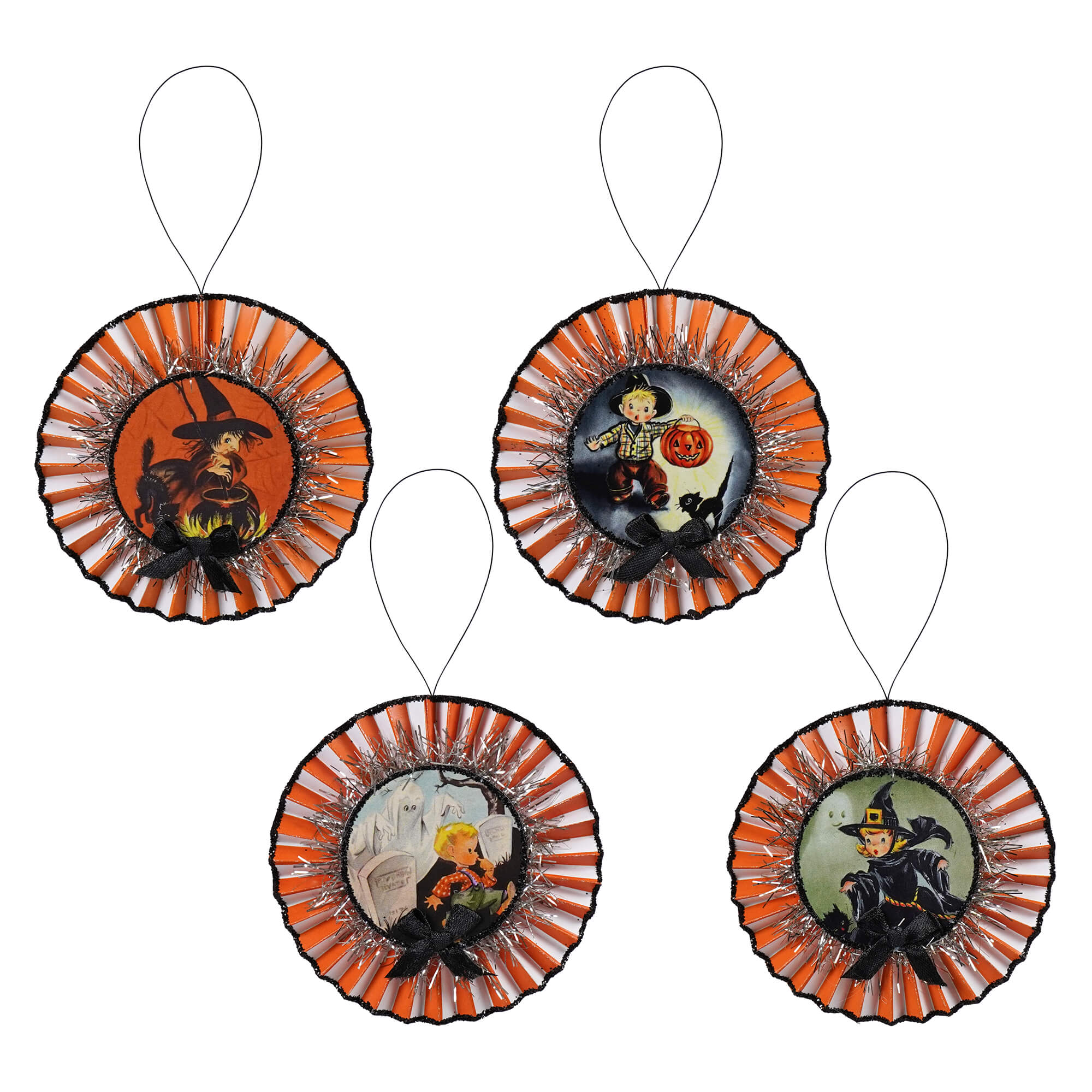 Retro halloween rosettes set of 4 paper ornaments in orange black and white bethany lowe design perfect for decor