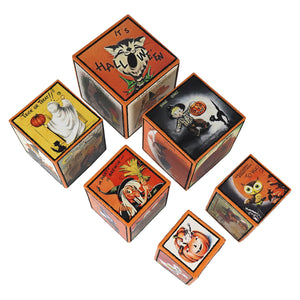 Set of six retro halloween stacking wooden blocks by bethany lowe design with colorful ghosts pumpkins and cats