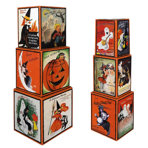 Set of two retro halloween stacking blocks with colorful bethany lowe design witches ghosts and pumpkins on orange