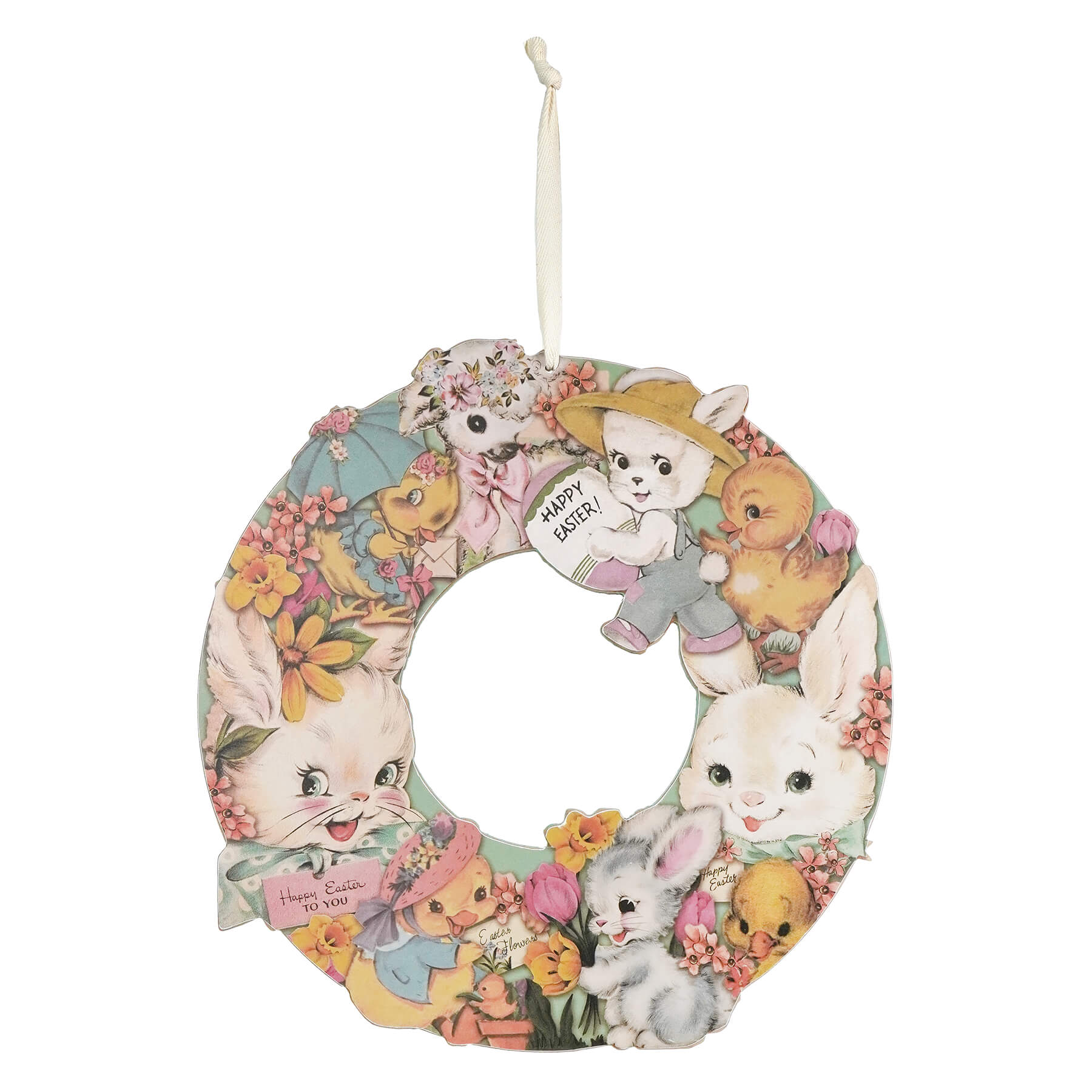 Pastel-colored retro happy easter wreath with cartoon bunnies chicks floral design vintage easter wall decor