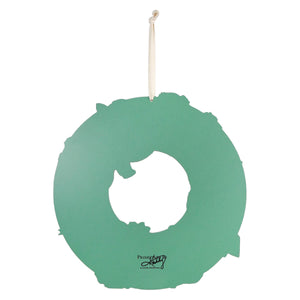 Teal circular happy easter wreath ornament with animal cutout hanging from beige string vintage easter wall decor