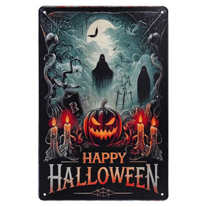 Retro happy halloween black metal sign with glowing orange jack o lantern and phantom cemetary scene under full moon