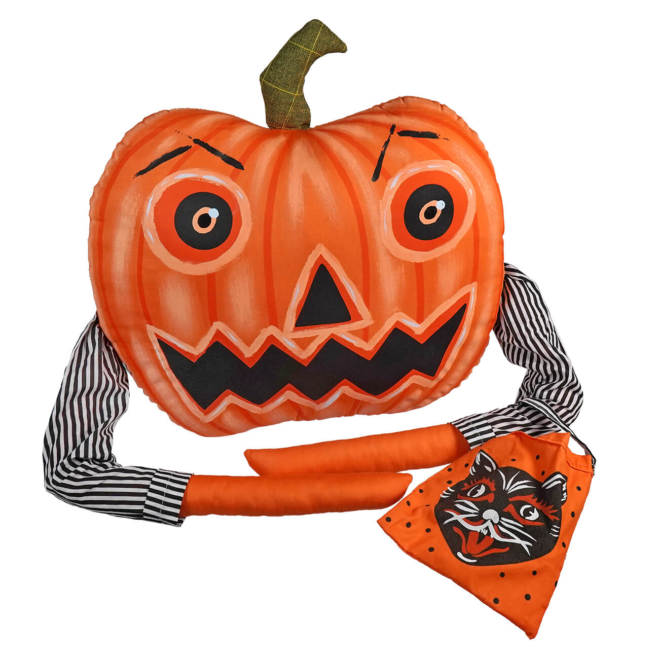 Jack-o’-lantern pumpkin with striped fabric arms and an orange bandana.