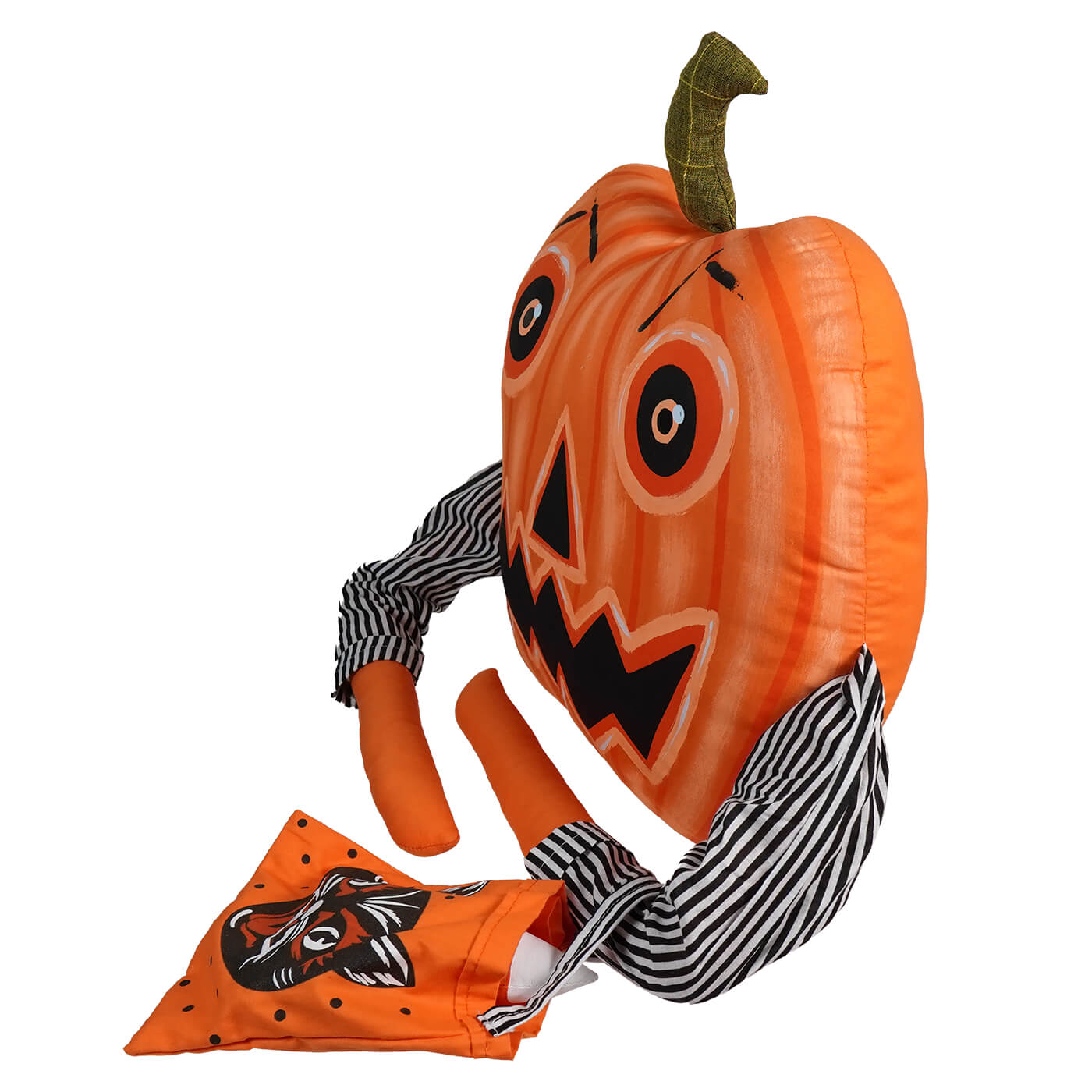 Jack-o’-lantern inflatable decoration with striped fabric arms and a matching orange accessory.