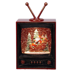 Red vintage-style tv ornament with retro led lighted santa in sleigh spinning water globe by regency international christmas