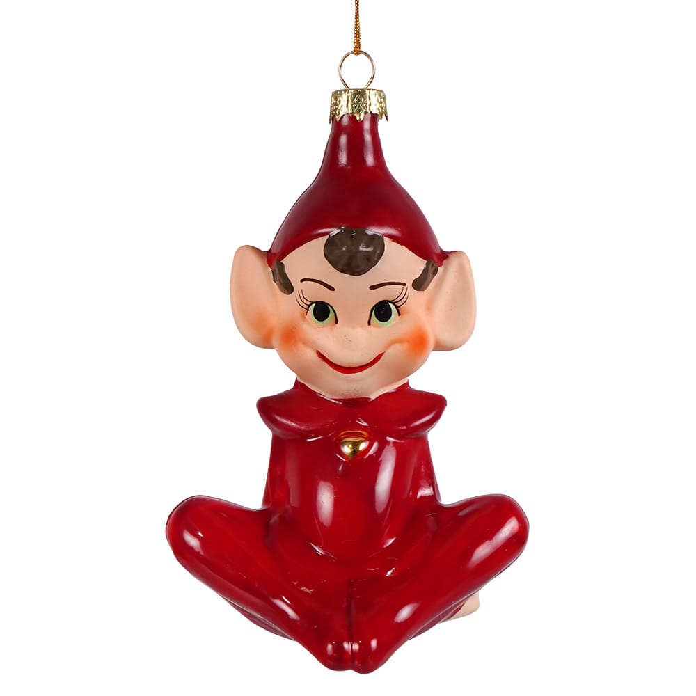 A glossy red glass elf ornament wearing a matching outfit and gold-tipped loop perfect as a movie ornament