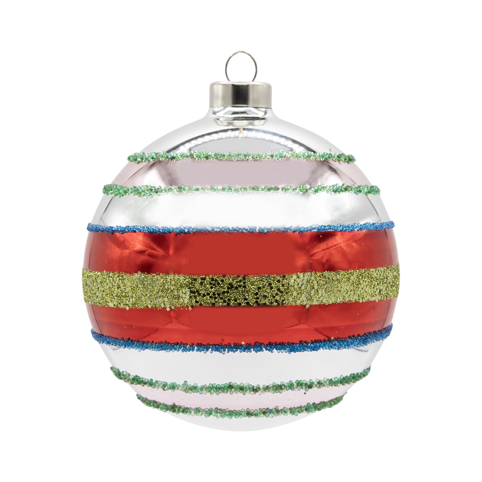 A shiny transparent glass retro reflector round ornament with red white stripes and glittery green blue bands space ornament