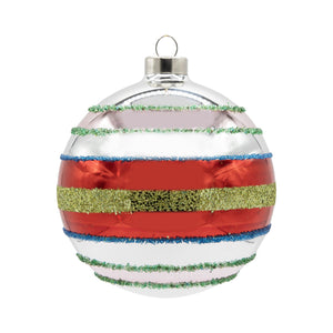 A shiny transparent glass retro reflector round ornament with red white stripes and glittery green blue bands space ornament