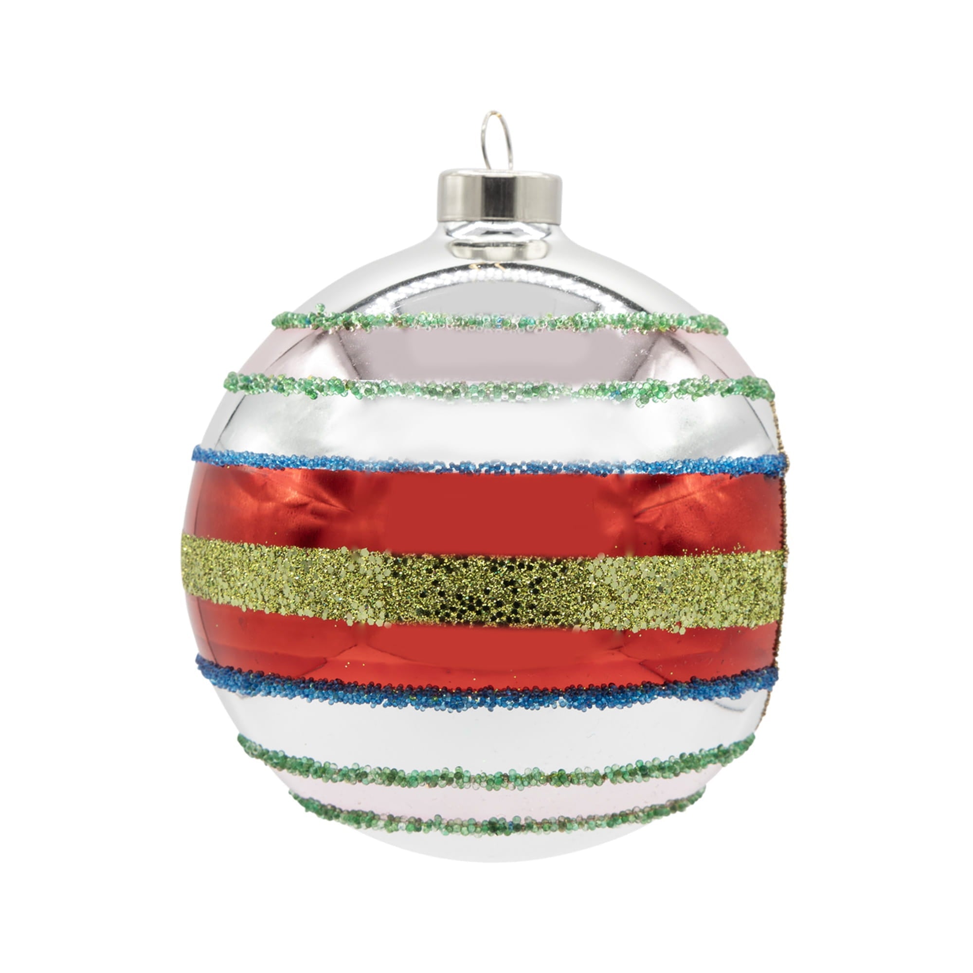 Retro reflector round ornament featuring a shiny silver saturn ornament with red green and blue glitter stripes