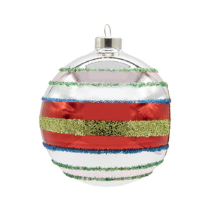 Retro reflector round ornament featuring a shiny silver saturn ornament with red green and blue glitter stripes
