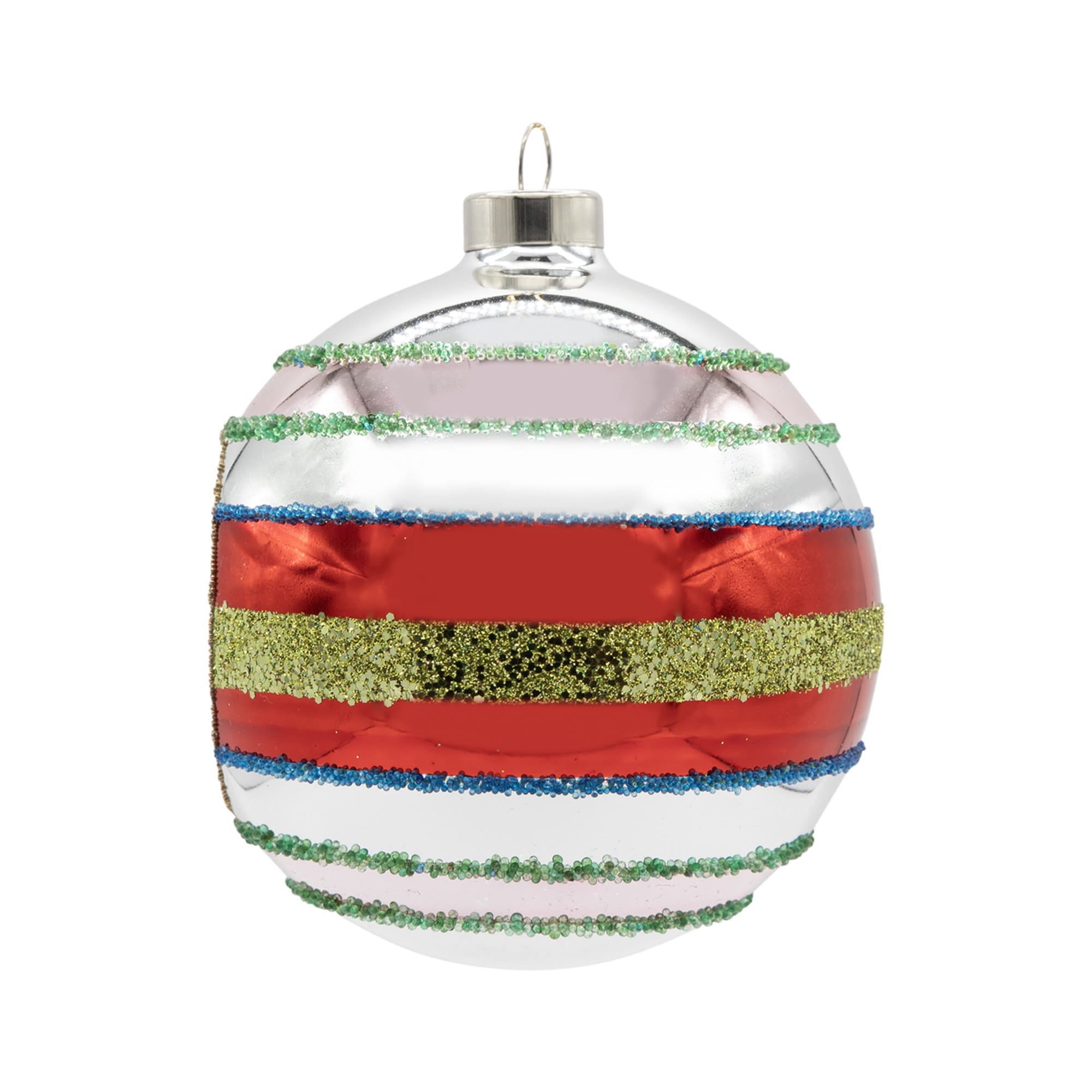 A shiny silver glass retro reflector round ornament with bold red green glitter stripes and blue space ornament borders