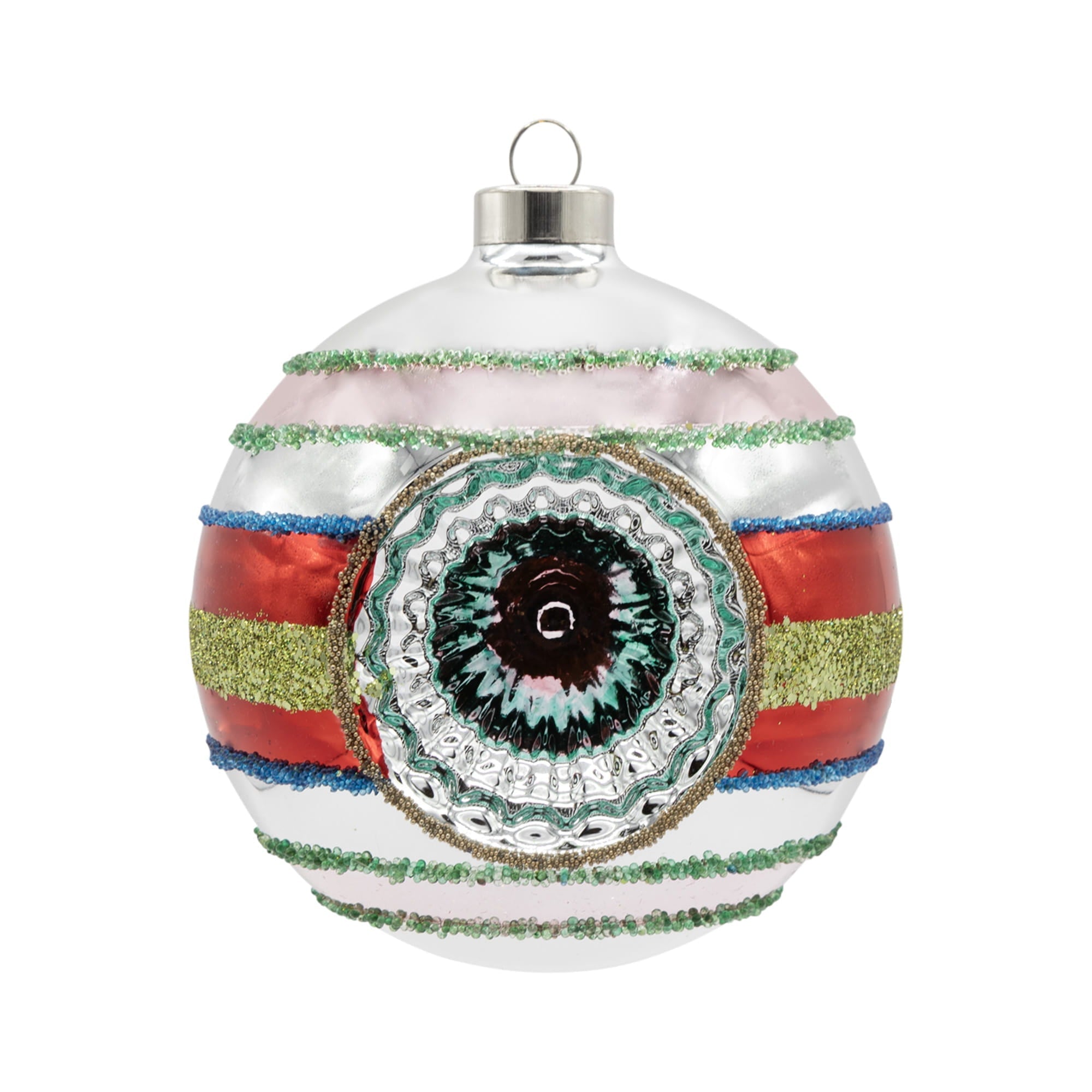 A festive retro reflector round ornament with a red and gold eye design perfect as a sparkling saturn round ornament
