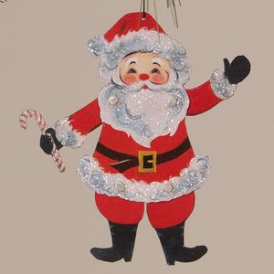 Retro rockin santa ornament by bethany lowe design featuring a red silver glittery santa with black boots and candy cane