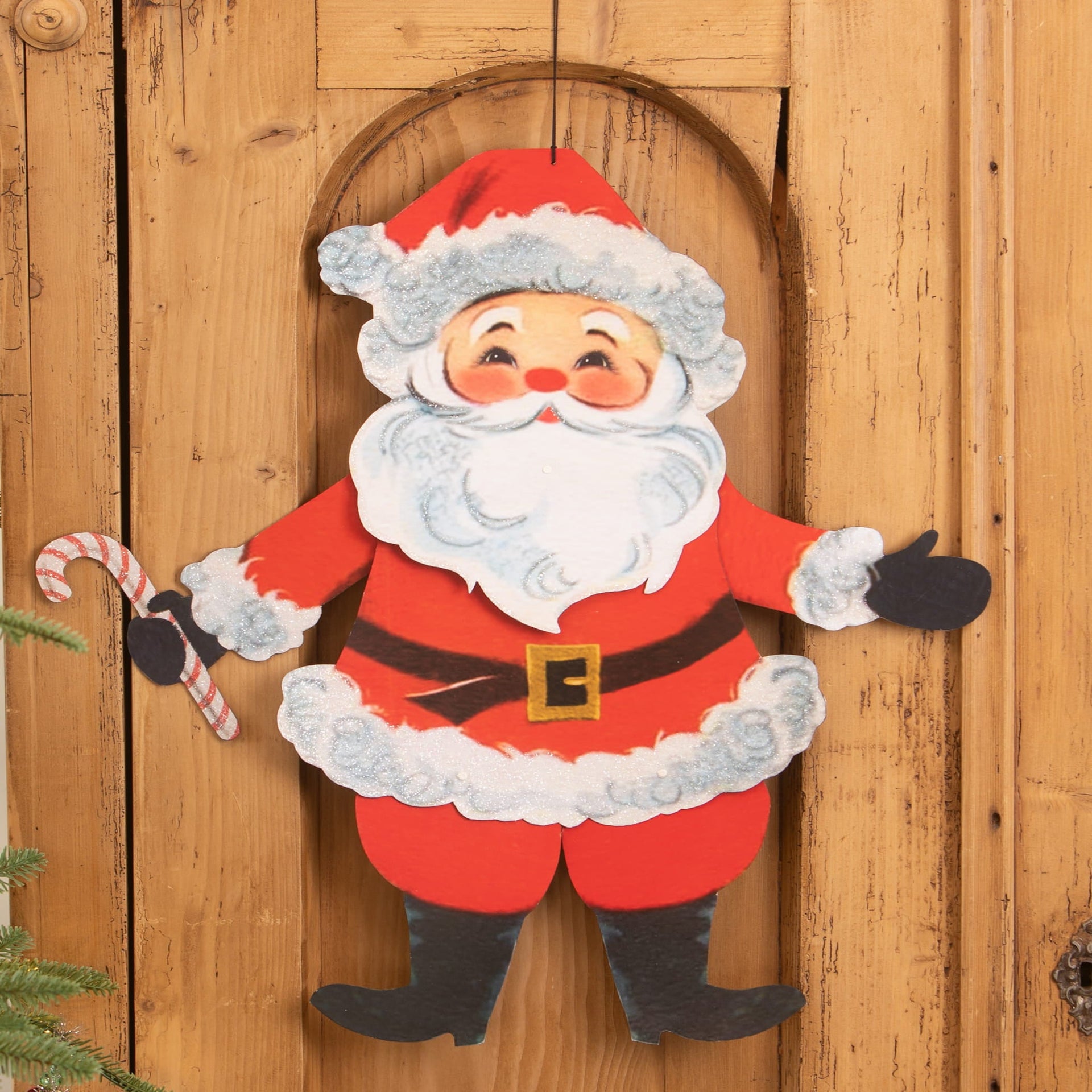 Retro rockin santa wooden hanging decoration in red and white with black boots gloves and belt by bethany lowe designs