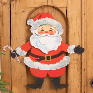 Retro rockin santa wooden hanging decoration in red and white with black boots gloves and belt by bethany lowe designs