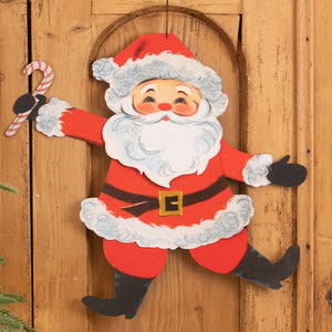 Retro rockin santa red and white wooden hanging decoration with black boots gloves and belt by bethany lowe designs