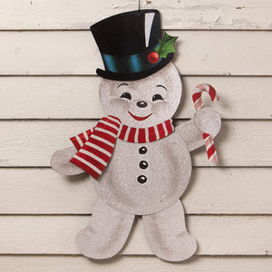 A cheerful silver glitter retro rockin snowman decoration with black top hat and candy cane by bethany lowe design