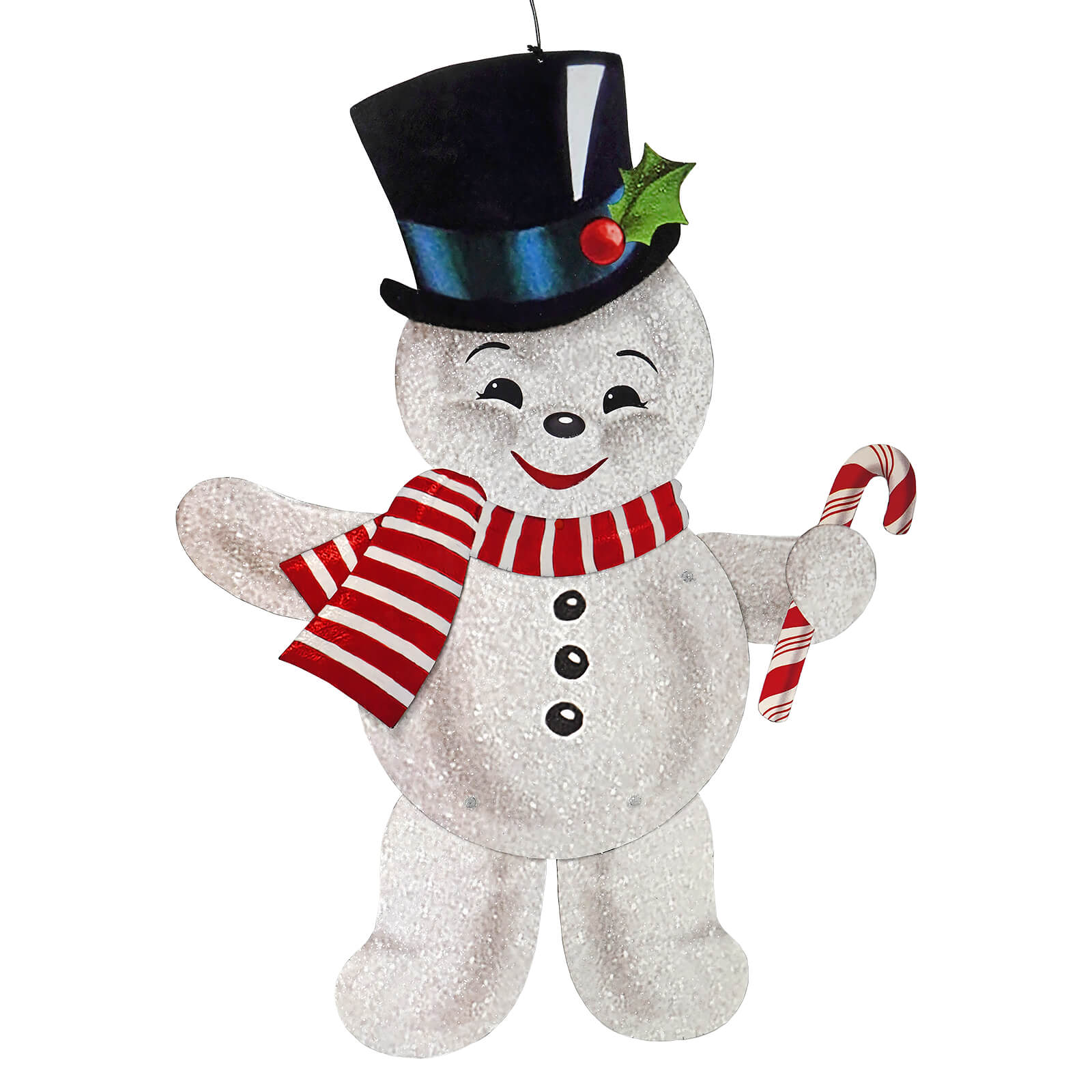 A cheerful glittery silver bethany lowe design retro rockin snowman ornament holding a red candy cane with holly