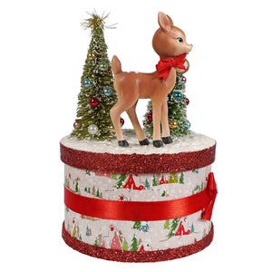 A festive bethany lowe retro ruby reindeer box with glitter trim red ribbon bow and bottle brush tree figural decor