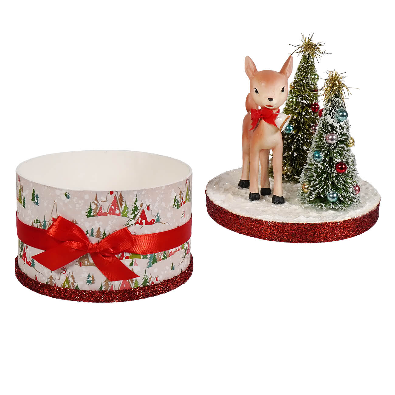 Festive bethany lowe retro ruby reindeer holiday gift box with red and white bottle brush figural decor and satin bow