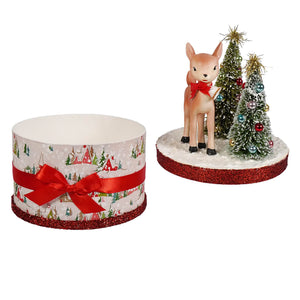Festive bethany lowe retro ruby reindeer holiday gift box with red and white bottle brush figural decor and satin bow