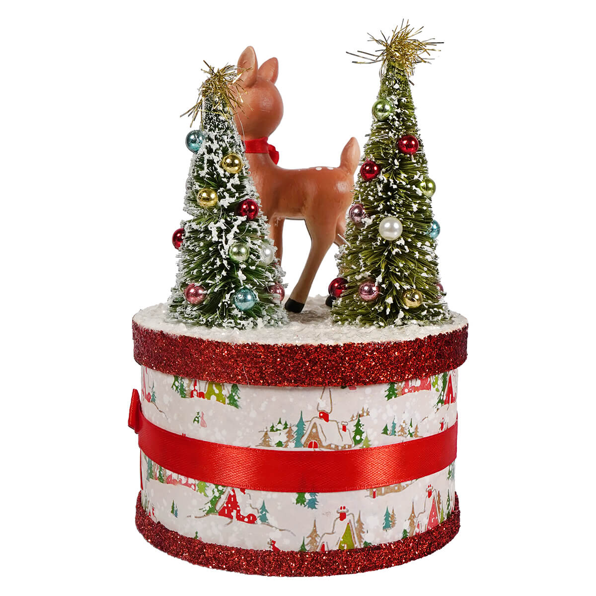 Retro ruby reindeer box with bethany lowe figural decor deer and bottle brush trees on a festive decorative container