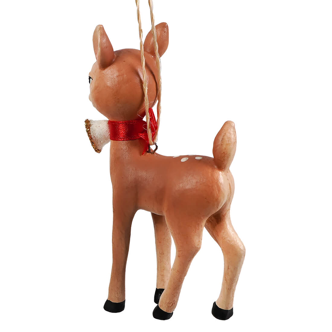 A charming tan retro reindeer ornament with white spots and red ribbon bow from bethany lowe designs figural decor