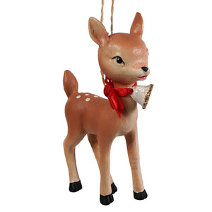 A charming brown retro reindeer ornament with white spots, red ribbon, and glittery bell from bethany lowe designs figural decor