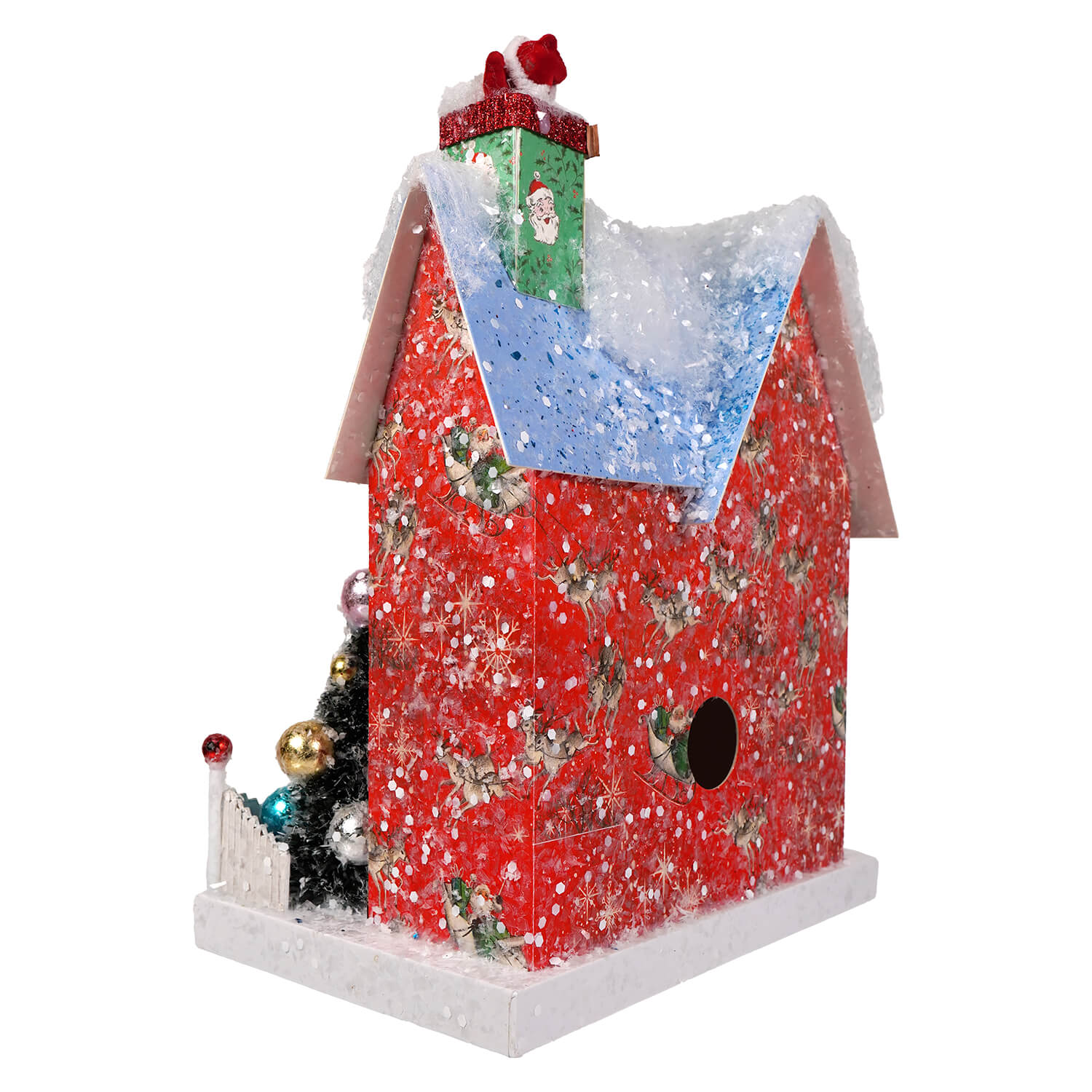 Red retro santa adobe birdhouse by cody foster with festive decor and snow-covered roof perfect for holiday decor